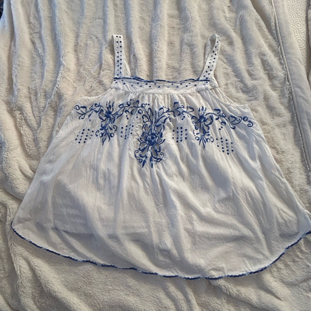 Rebecca Taylor White Tank Top with Blue Embroidery